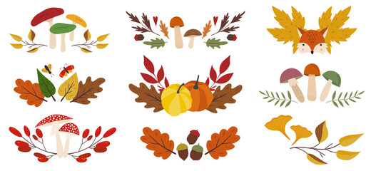Set of 9 autumn fall compositions with oak, maple leaves, mushrooms, acorns, branches, fox, pumpkins. Seasonal isolated elements. Flat cartoon design. Templates for cards, posters, banners, invitation
