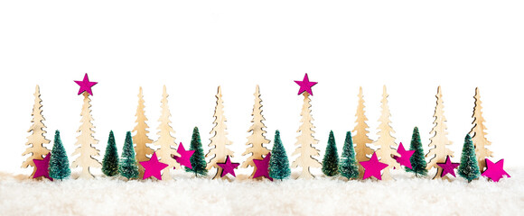 Fototapeta na wymiar Banner With Many Christmas Tree. Pink Christmas Star Decoration And Ornament With Snow. White Isolated Background
