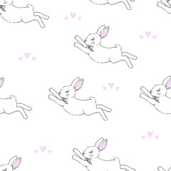 Lovely vector animation rabbit bunny hare with a bow in love is isolated on a white background. Handwork fantastic drawing. Seamless pattern for design.