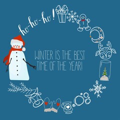 Christmas card with snowman, decorative frame and lettering. Vector trendy illustration on a New Year's winter theme in cartoon flat style.