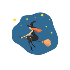 The witch, a young woman with red hair, is flying on a broomstick. Vector illustration of a modern flat design