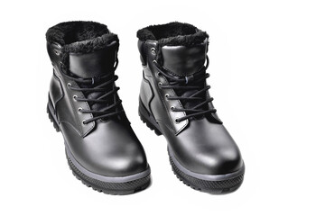 Winter men’s black leather boots on a white background, hiking shoes, practical off-road shoes, close-up