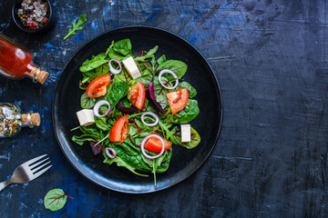 vegetable salad Greek cheese vegetarian snack on the table tasty serving size top view place copy space for text keto or paleo diet food background rustic