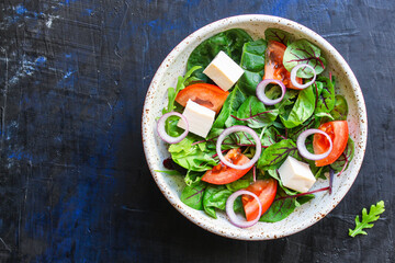 vegetable salad Greek cheese vegetarian snack on the table tasty serving size top view place copy space for text keto or paleo diet food background rustic