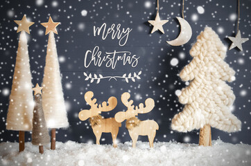 English Calligraphy Merry Christmas On Black Background With Snow. Decoration Like Christmas Trees And Moose And Snowflakes. Moon And Stars For Night Atmosphere - obrazy, fototapety, plakaty