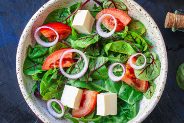 vegetable salad Greek cheese vegetarian snack on the table tasty serving size top view place copy space for text keto or paleo diet food background rustic