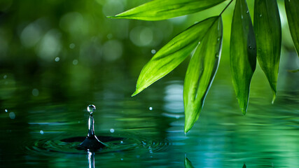 fresh green leaves with water drops over the water , relaxation with water ripple drops concept