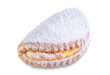 Cottage cheese cookies sochnik with powdered sugar on a white isolated background