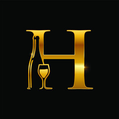 Gold Wine Bottle Initial Letter H Logo