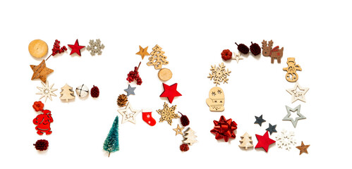 Colorful Christmas Decoration Letter Building English Word FAQ. Festive Ornament Like Christmas Tree, Star And Ball. White Isolated Background