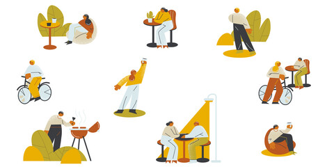 Set of guests enjoying meal and conversation with friends on open verandas