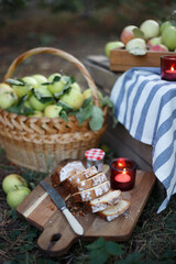 basket  with juicy apples in the garden