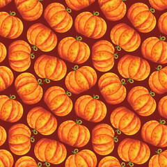 Big orange pumpkin. Simple print with watercolor illustrations of vegetables on a maroon background. Seamless pattern with autumn crop for fabric, textile, paper. Stock image.