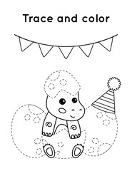 Fototapeta premium Educational game for children. Trace and color. The little dinosaurs birthday party. Cute cartoon vector characters outline.