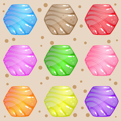 Hexagon stone with a wave pattern that is bright and shiny for puzzle game. Vector illustration.