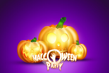 Creative Halloween Background. Halloween party lettering and pumpkin image. Scary Jack. Illustration for the website. Copy space, 3D illustration, 3D render.