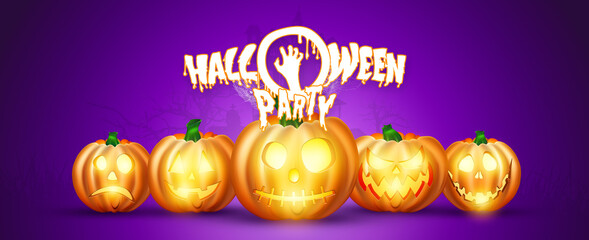 Banner for Halloween. Realistic pumpkin on a purple background. Horizontal flyer, header for website. Copy space, 3D illustration, 3D render.