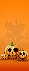 Happy Halloween Banner. Realistic Image of an Orange Pumpkin. Scary Jack. Vertical flyer, header for website. Copy space, 3D illustration, 3D render.