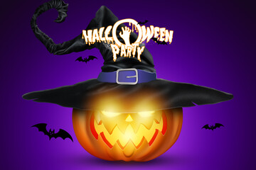 Creative Halloween Background. Halloween party lettering and pumpkin image. Scary Jack. Illustration for the website. Copy space, 3D illustration, 3D render.
