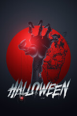 Creative Halloween Banner. Halloween lettering and zombie hand on a dark background. Scary Jack. Vertical flyer, header for website. Copy space, 3D illustration, 3D render.