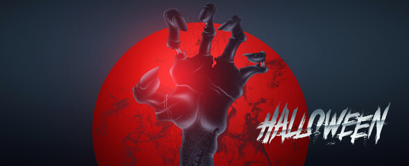 Halloween Banner. Image of a zombie hand on a dark background. Horizontal flyer, header for website. Copy space, 3D illustration, 3D render.