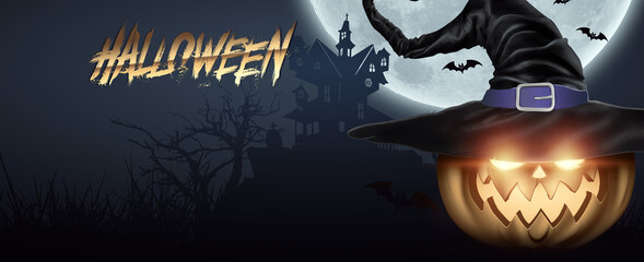 Halloween Banner. Image of a pumpkin in a witch's hat on a dark background. Horizontal flyer, header for website. Copy space, 3D illustration, 3D render.