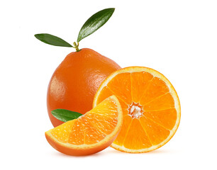 ripe juicy tangerine with green leaflets on a white background