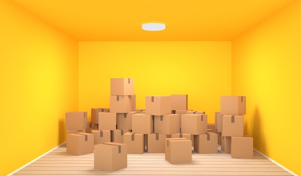 Card board boxes in yellow room store. Relocation and moving packing. 3d render illustration