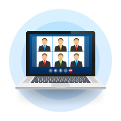 Incoming video call on laptop. Laptop with incoming call, man profile picture and accept decline buttons. Vector stock illustration.