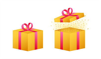 Gold prizes box in amazing style. Present gift box icon. Vector stock illustration.