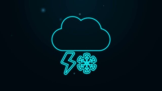 Glowing neon line Cloud with snow and lightning icon isolated on black background. Cloud with snowflakes. Single weather icon. Snowing sign. 4K Video motion graphic animation