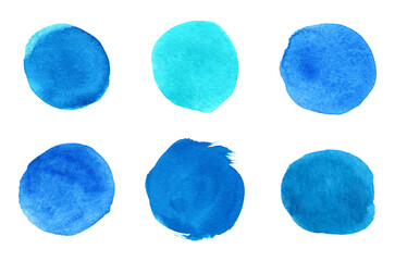 Blue watercolor spots. Set of colorful wet brush painted circles isolated on white background