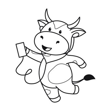 Children's coloring page with cute bulls, cows and oxen. The ox is a symbol of the year 2021 according to the Chinese or Eastern calendar. Ready-to-print vector stock illustration isolated on a white 