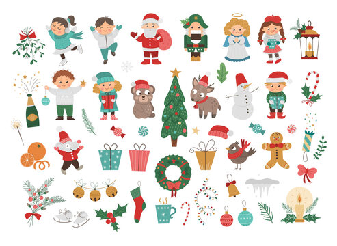 Big vector set of Christmas elements and children, Santa Claus in red hat with sack, angel, nutcracker, Christmas tree isolated on white. Cute funny illustration for decorations or new year design..