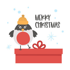 Vector bullfinch in hat with present and snowflakes. Cute winter bird illustration. Funny Christmas card design. New Year print with smiling character.