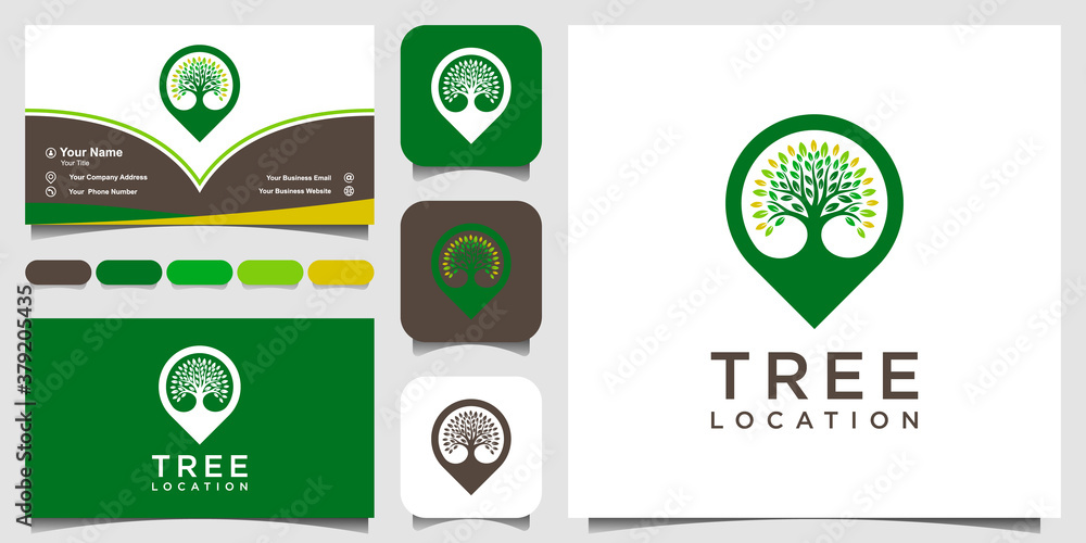 Poster symbol tree location, pin maps combine with tree. logo and business card design .