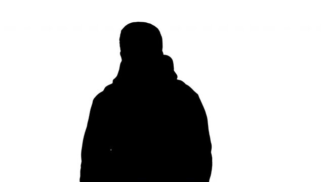 Silhouette Overweight Young Man Walking And Taking Off Medical Mask.