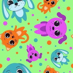 Naklejka premium Seamless pattern with multi-colored Pets cat, dog and rabbit on a green background.