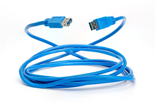 Coiled blue USB 3 extension cable. Type A male to type A female with connected plugs