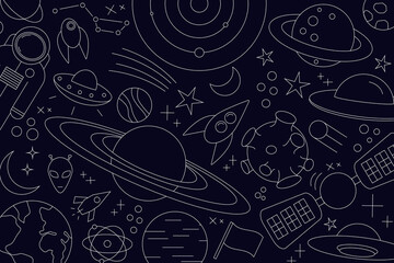 Modern pattern of planet, star, comet, with different rockets. Universe line drawings. Cosmos. Trendy space signs, constellation, moon. Outline, doodle style, icon, sketch. on dark background.