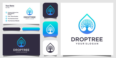 drops or water combined with tree. logo design and business card