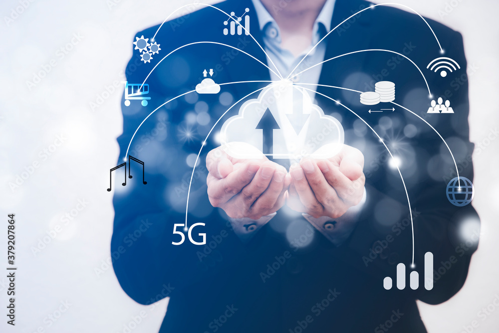 Poster businessman hold cloud icon in hand with line network icon with chart and graph icons on a digital s