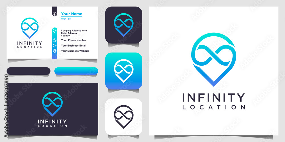 Poster map pointer with infinity element, pin maps combine with loop. logo and business card design .