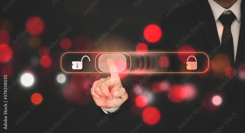 Poster the businessman is using finger press the icon button in the slide bar to unlocks for activation in 