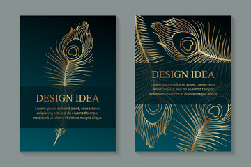 Modern luxury wedding invitation design or card templates for birthday greeting or certificate or poster with golden peacock feathers on a turquoise green background.