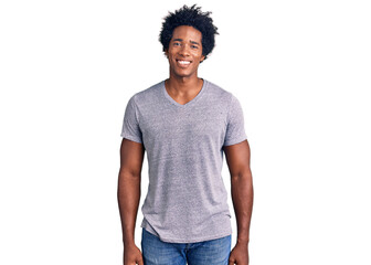 Handsome african american man with afro hair wearing casual clothes with a happy and cool smile on face. lucky person.