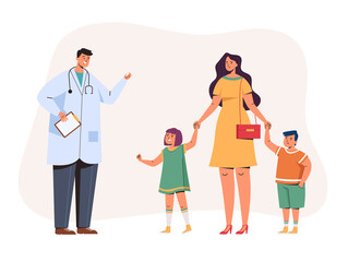 Mother character with two children taking doctor consultation. Vector flat graphic design illustration