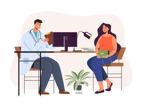 Woman patient character taking doctor consultation. Vector flat graphic design illustration