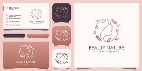 minimalist Beautiful woman's face flower with circle line art style logo and business card design. Abstract design concept for beauty salon, massage, magazine, cosmetic and spa.