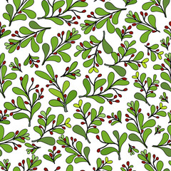 Foliage branches, and red berries, cartoon outlined, over white background background seamless pattern.